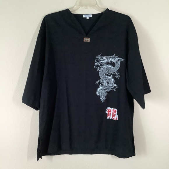 VINTAGE Dragon Print Tunic XXXL Asian Kimono Top Black Thai Lagenlook Artsy - Picture 1 of 10